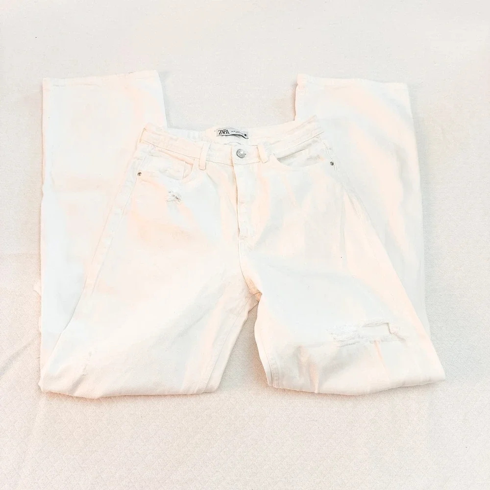 Zara Flare White Denim Jeans Button Fly Ripped Throuhout Size 06